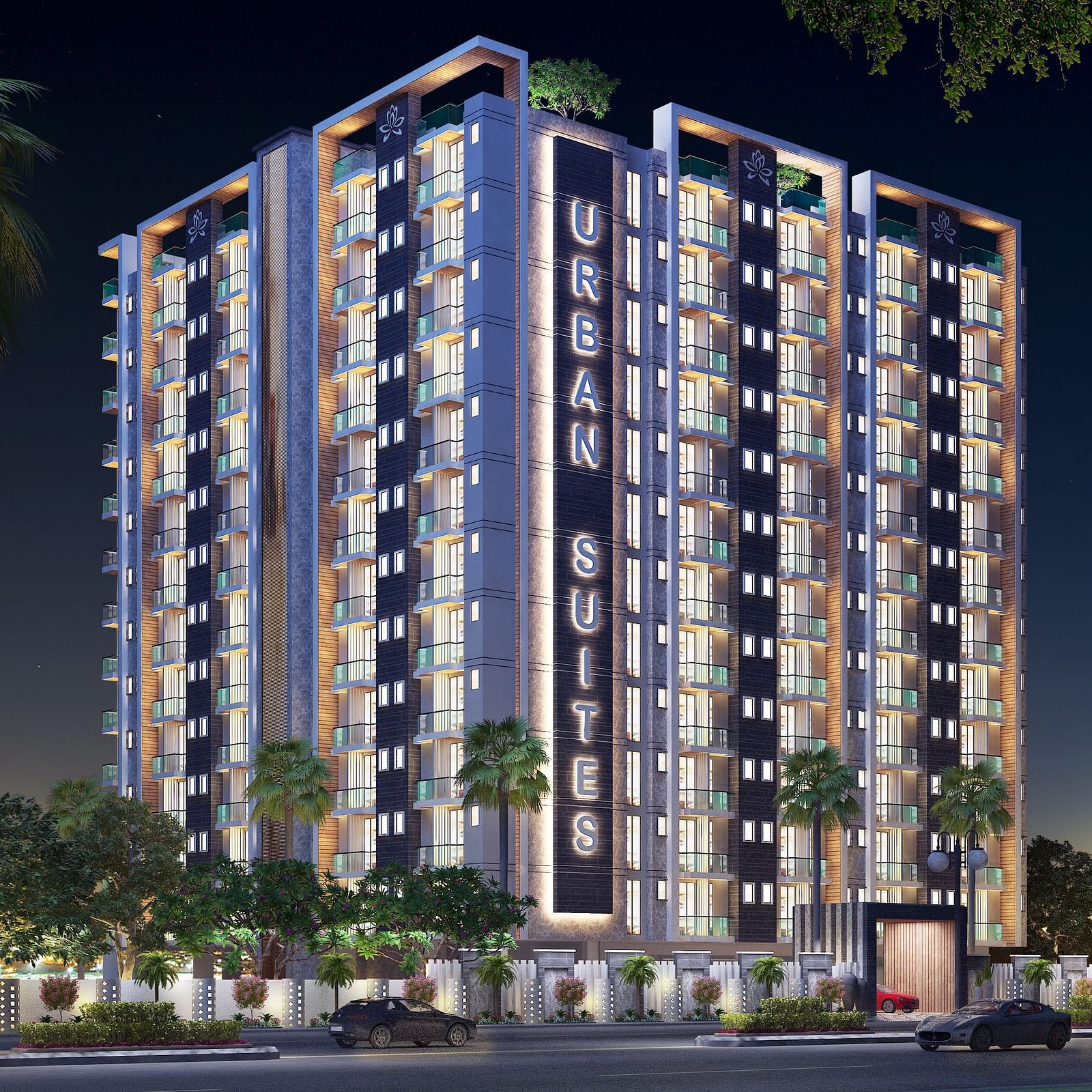 Facade view of Urban Suites by BluSalzz, Jaipur against the night sky, with the building glowing beautifully in the evening light.