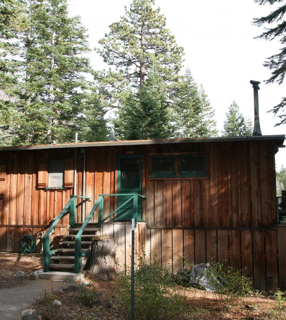 The side of a wooden cabin with a porch and steps leads down to a natural, forested area | Fawn