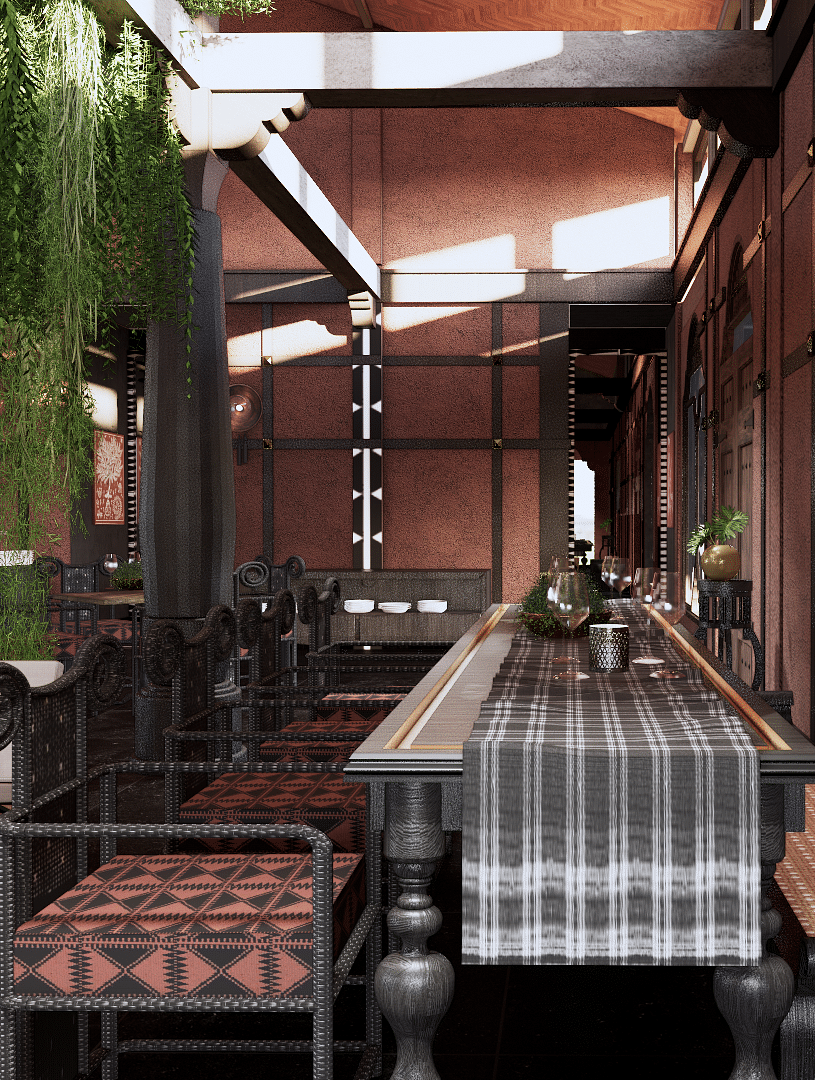 A long table with a checkered cloth, set in a room with hanging plants and patterned seating - Rhino and River BluSalzz Collection, Pobitora