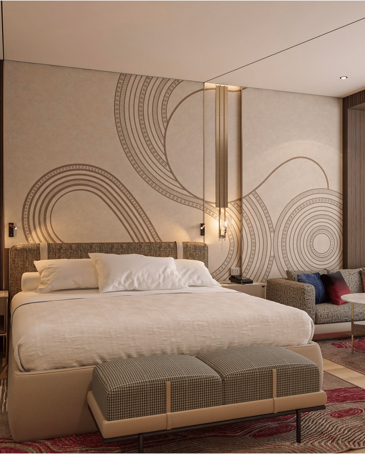 A double bed room with side table, window, curtains, rug and sofa