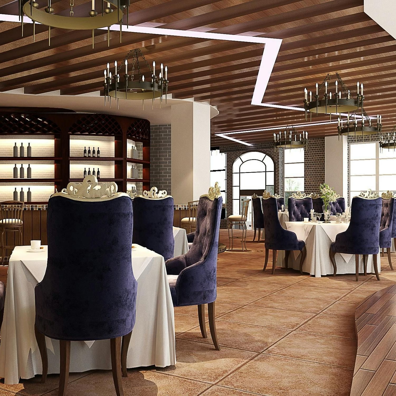 An image of a restaurant displaying seating arrangement with chandeliers hanging