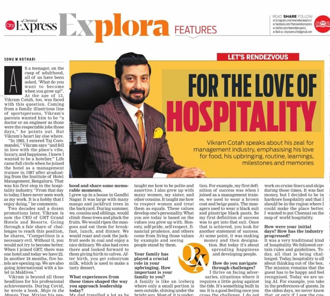An article featuring an image of GRT Hotels and Resorts CEO, Vikram Cotah, discussing his passion for hospitality.