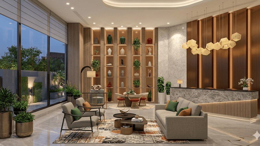 The reception lobby at KPG Sarovar Portico, Raj Nagar Extension, Ghaziabad, featuring a marble desk, a lounge seating area with sofas, and floor-to-ceiling glass walls.