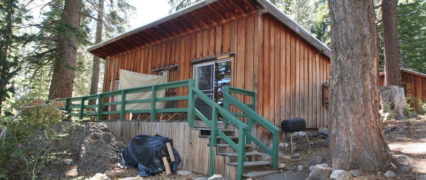 A rustic cabin with wood siding and a slanted roof nestled among tall trees. - Kit Carson Lodge & Restaurant 