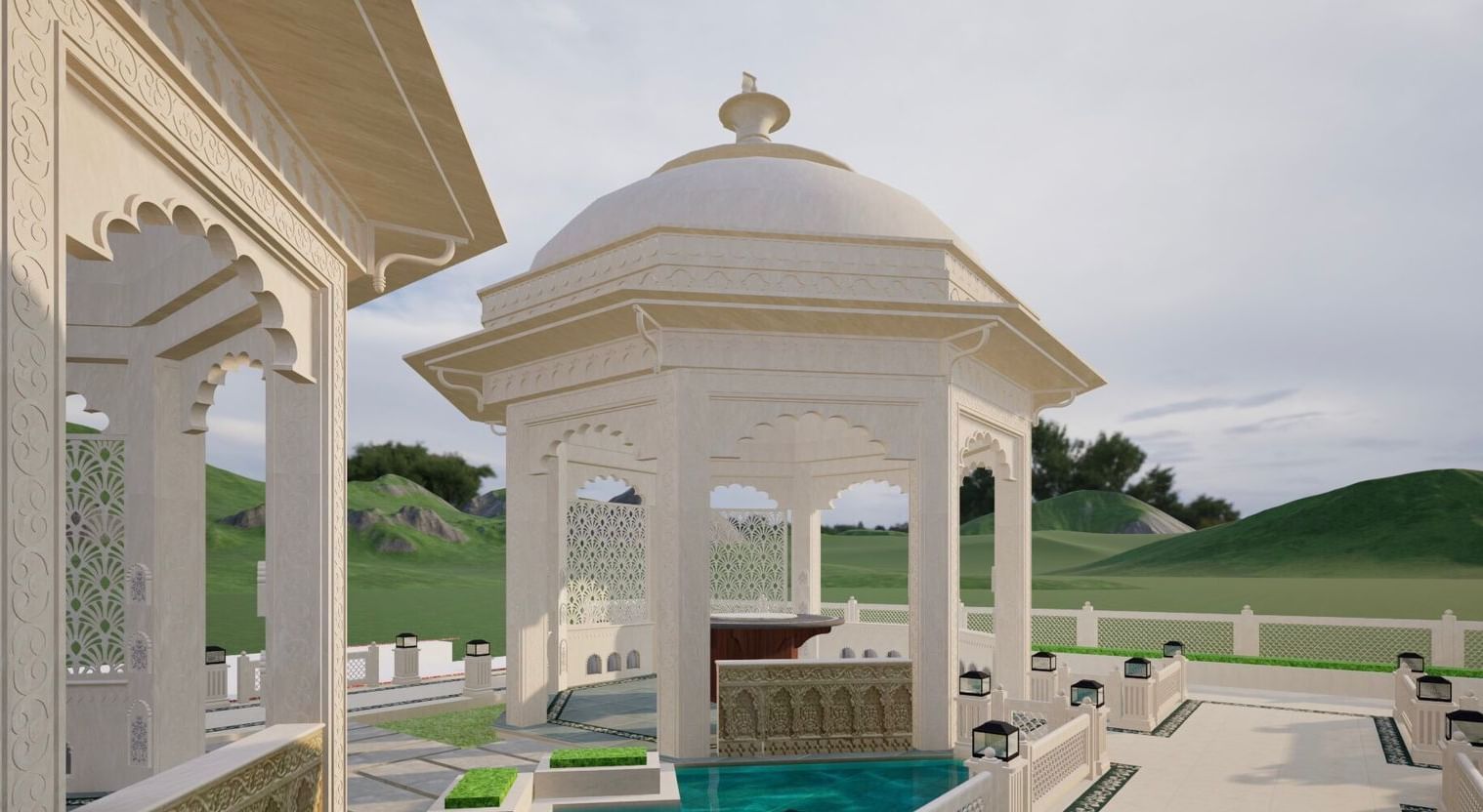 a wide angle shot of the gazebos of Panch Mahal with a backdrop of the hills, featuring Rajput architecture, courtyards, and shallow pools of water - Kaldan Samudhra Palace