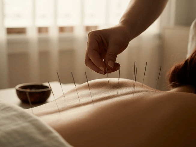 Acupuncture session at YO1 Wellness Center where a practitioner gently places fine needles along a guest’s back during a holistic wellness therapy treatment in a softly lit room.