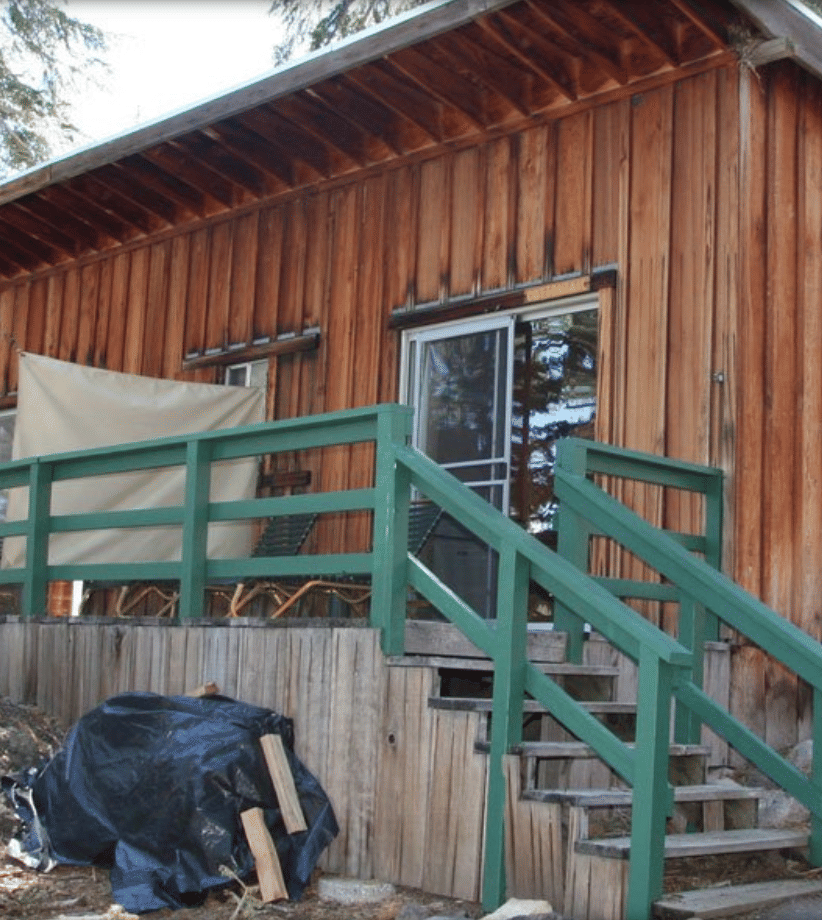 A rustic wooden cabin with a green staircase leading to a porch, surrounded by trees | Cottontail
