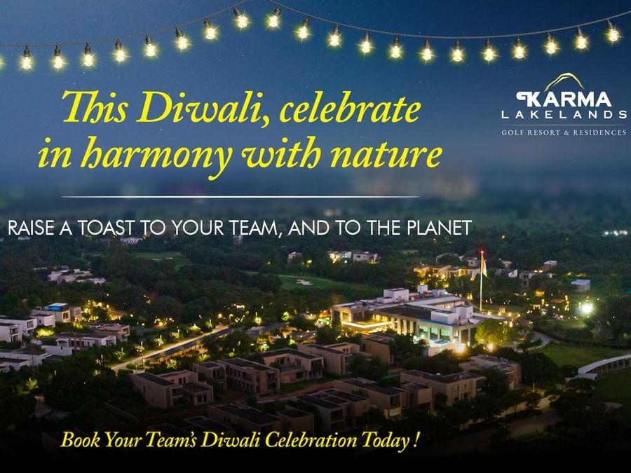 Premises of Karma Lakelands illuminated with festive lights, promoting eco-friendly Diwali celebrations in harmony with nature with the Corporate Diwali Package