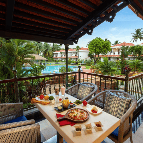 Outdoor dining area with food and drinks on a terrace overlooking palm trees at Heritage Village Resorts & Spa, Goa.