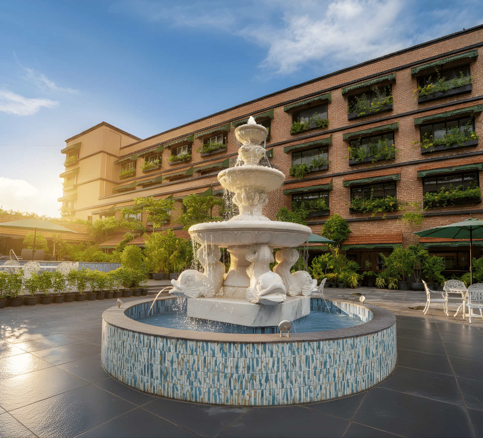 A courtyard fountain with multiple tiers, flowing water, surrounding outdoor seating and the resort’s facade in the background during sunset at MAYFAIR Bay Resort, Paradeep.