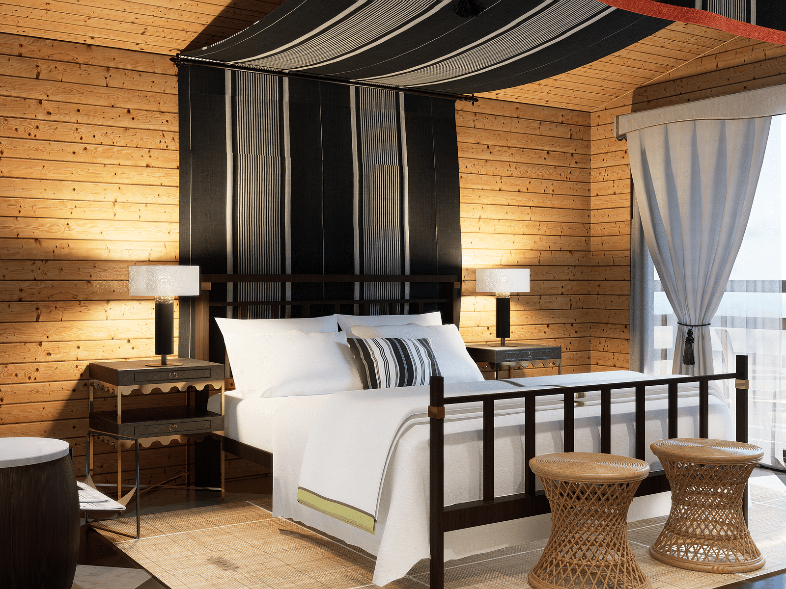 A bedroom with a bed, lamps, patterned drapes, a chair, and a balcony view - Rhino and River BluSalzz Collection, Pobitora