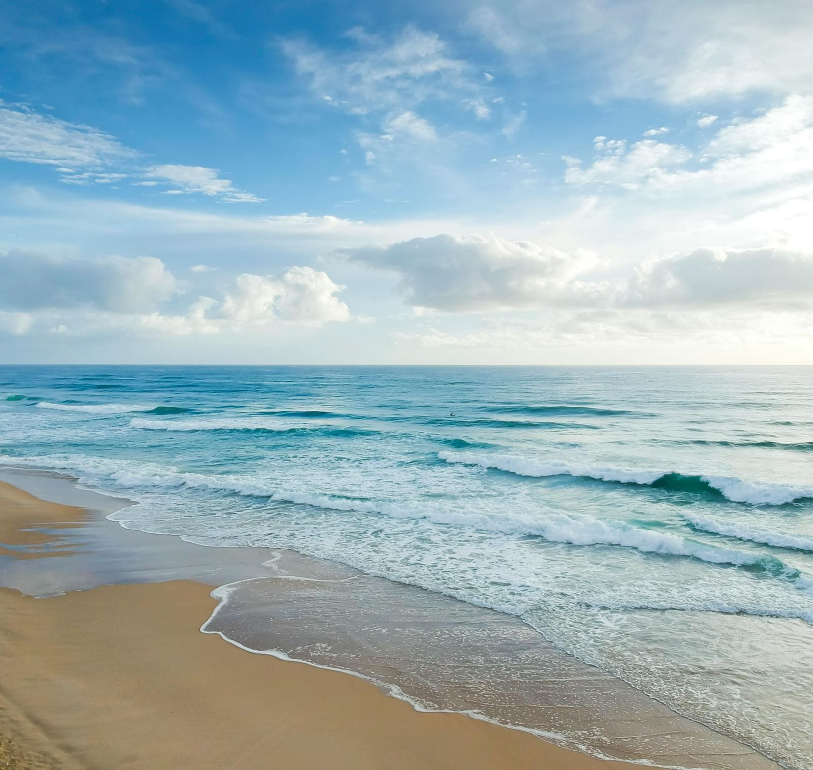 A serene landscape of the coastline with waves crashing on the shore with a cloudy blue sky in the background.