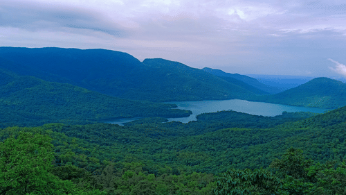 An overview of Chorla Ghats with forest cover and a river flowing