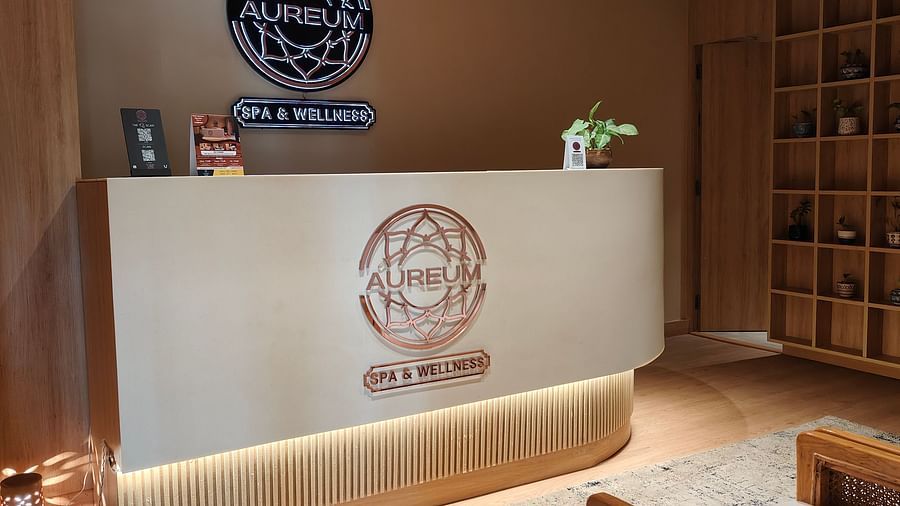 Reception area of Aureum Spa & Wellness with wooden decor, potted plants on shelves, a white front desk, and cosy seating for guests - Golden Tulip, Lucknow