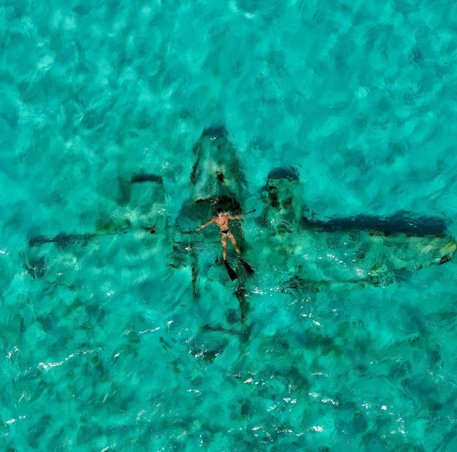 A person swimming in the shallow waters over a submerged airplane wreckage.