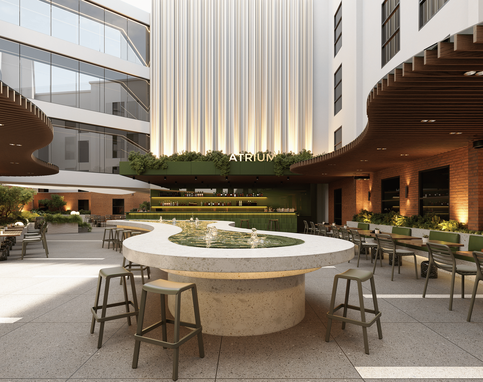 Comfortable dining seating at the Atrium at The Pelican Hotel, Accra.