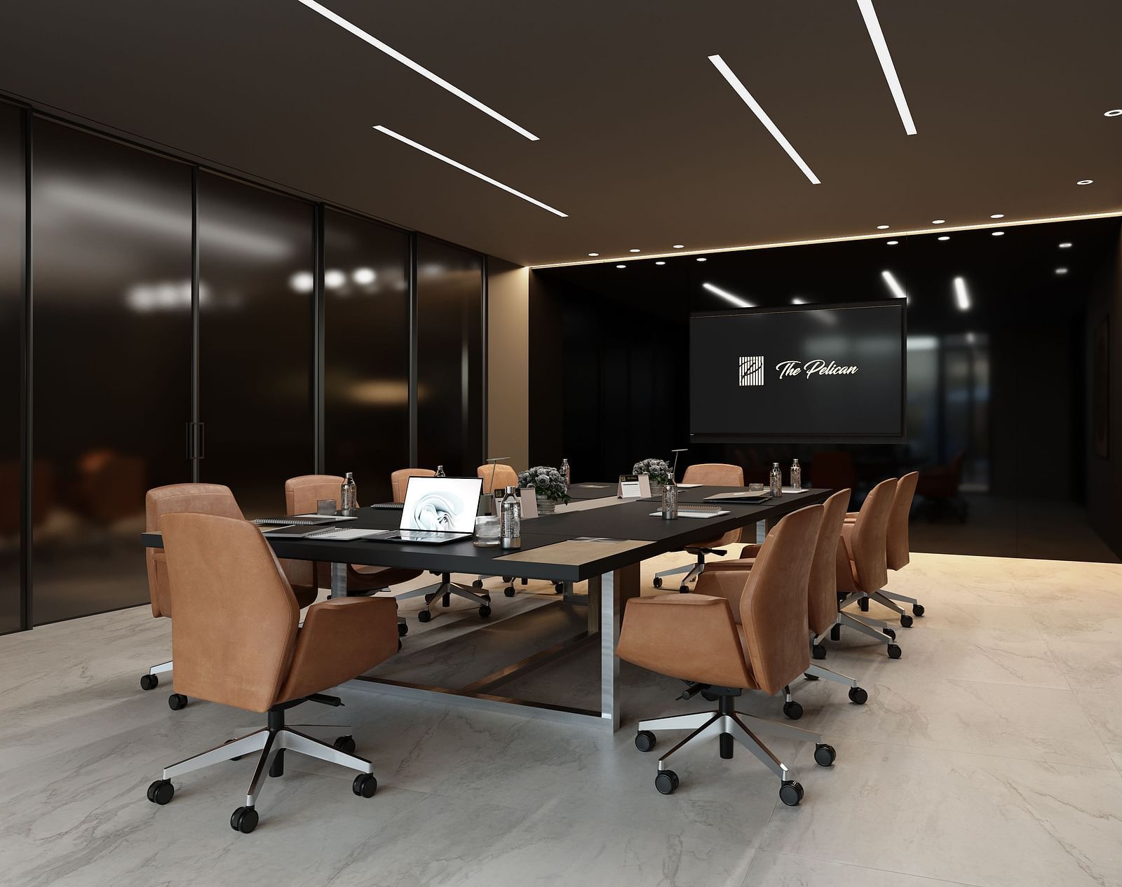 A boardroom meeting area with a large table surrounded by chairs at The Pelican Hotel, Accra.