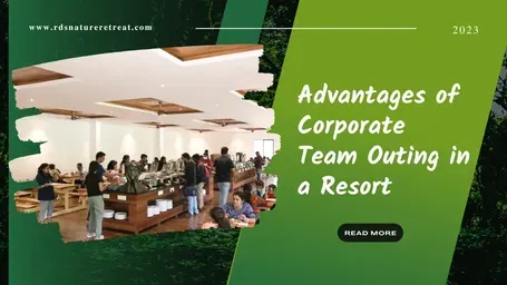 A poster that says 'Advantages of Corporate Team Outing in a resort'