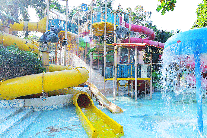 Water Kingdom - view of the WATERFALLS UMBRELLAS ELEPHANT TILTING BUCKET at our water park