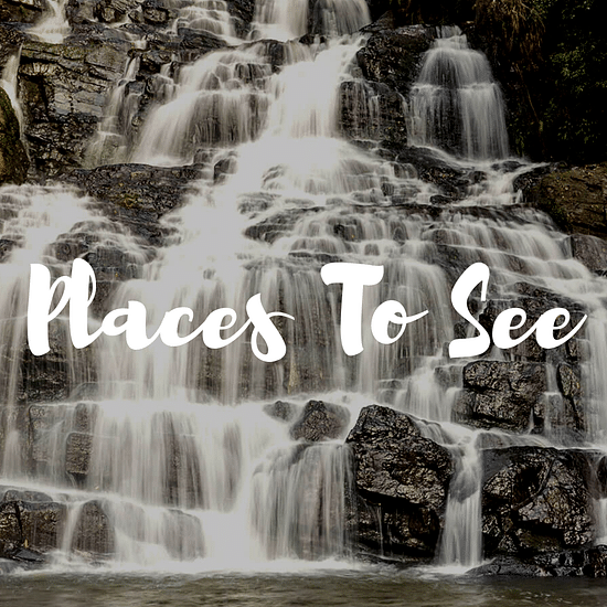 view of elephant falls' water cascading down with the words places to see across the picture