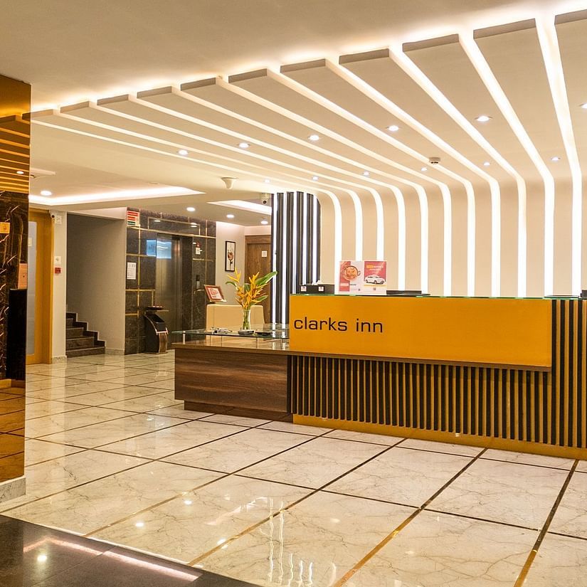 Image featuring a reception desk under warm lighting