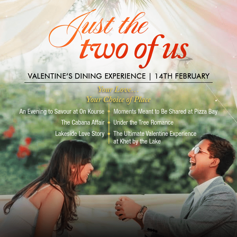 A promotional banner showcasing a couple enjoying a romantic proposal setup with soft decor and Just the Two of Us text overlay on a scenic backdrop at  Karma Lakelands.