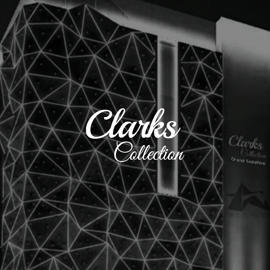 Facade of Clarks Collection in monochrome with the text 'Clarks Collection' written in italics