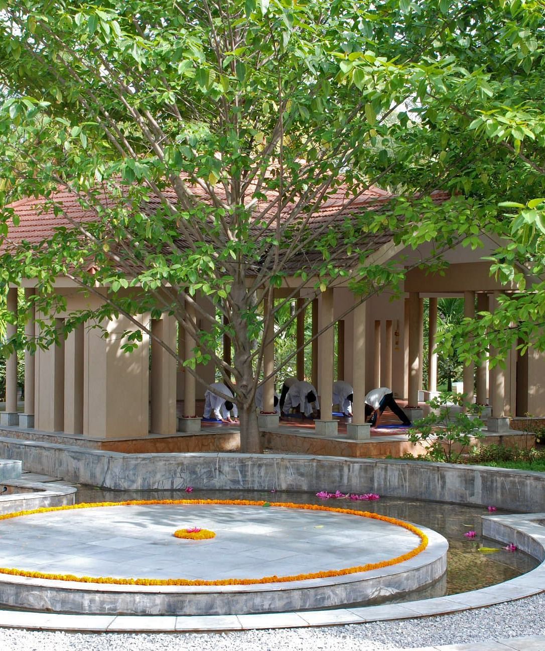 A circular feature surrounded by trees and a building with a thatched roof, outdoor setting - Shreyas Retreat