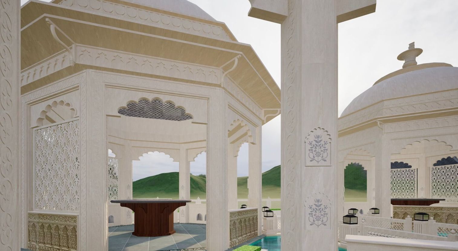 the close up shot of the gazebo at Panch Mahal with a intricately carved pillar, featuring a centre table, ornamental lattice screens, and dome shaped roofs - Kaldan Samudhra Palace