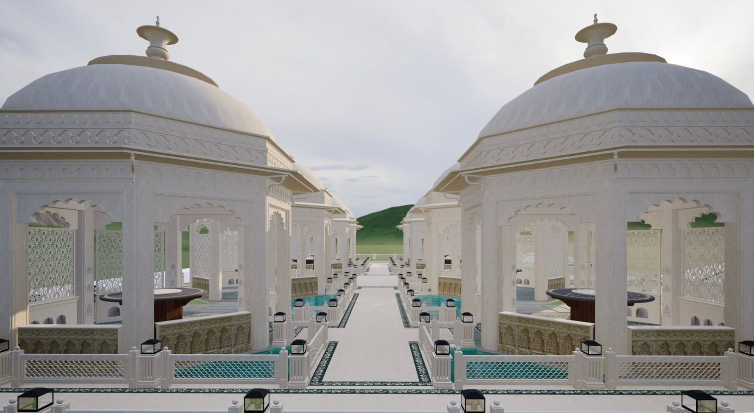 the gazebos of Panch Mahal with dome shape arranged in a line over shallow body of water seen during a sunset - Kaldan Samudhra Palace