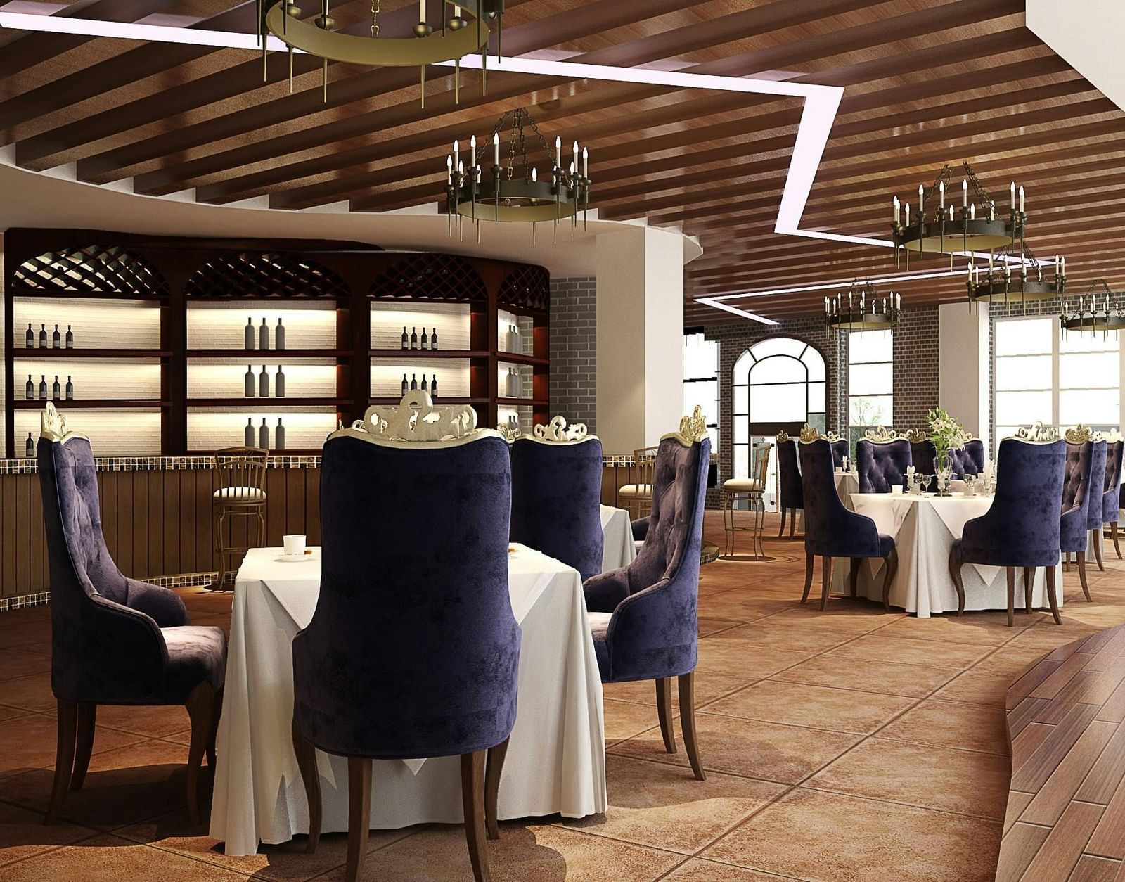Spacious dining hall with wooden beams, neatly set tables, and an inviting warm ambience