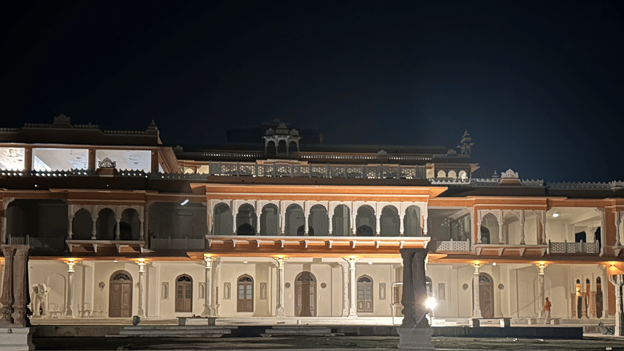 Facde of Fateh Villas, Udaipur, featuring the building at night.