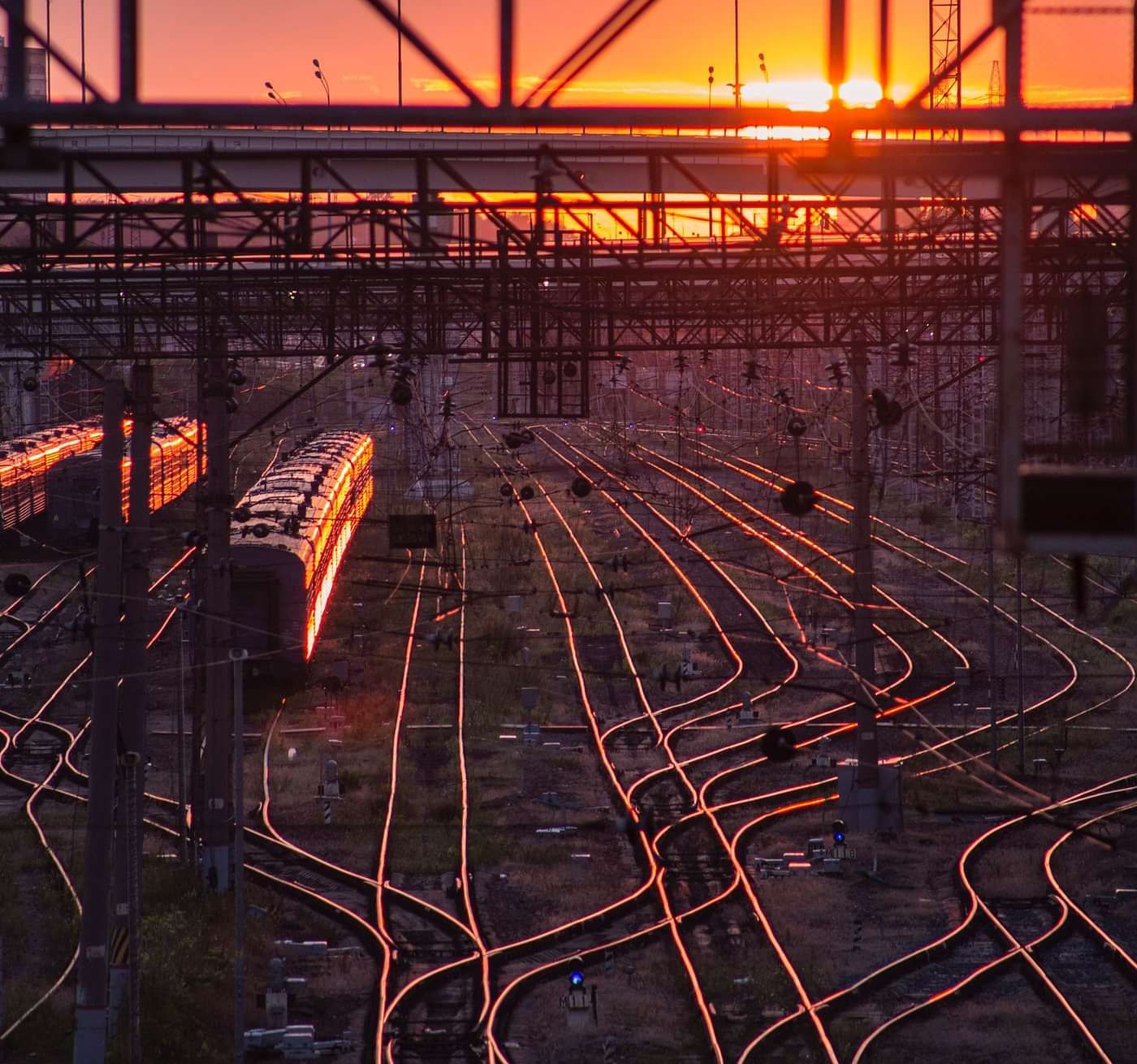 Aerial view of the railway tracks during the sunset 