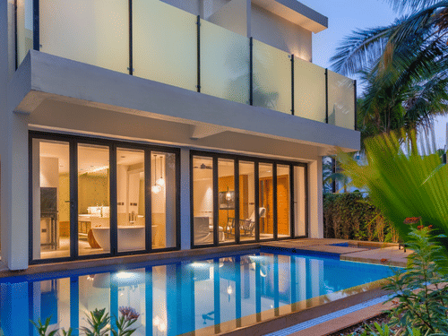 The facade of the Pool Premier Villa with a swimming pool in the outdoors, best place to stay in South Goa a Azaya Beach Resort.