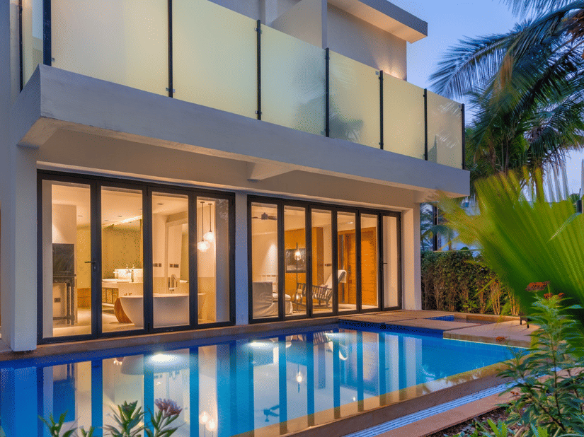 The facade of the Pool Premier Villa with a swimming pool in the outdoors, best place to stay in South Goa a Azaya Beach Resort.