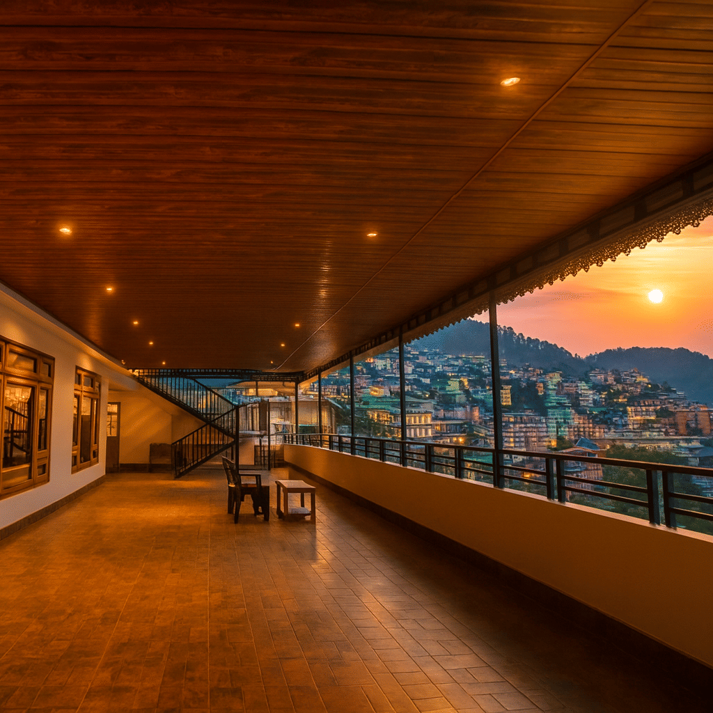 Spacious hotel balcony in Gangtok with premium lighting and panoramic city view at sunset, offering a serene stay experience