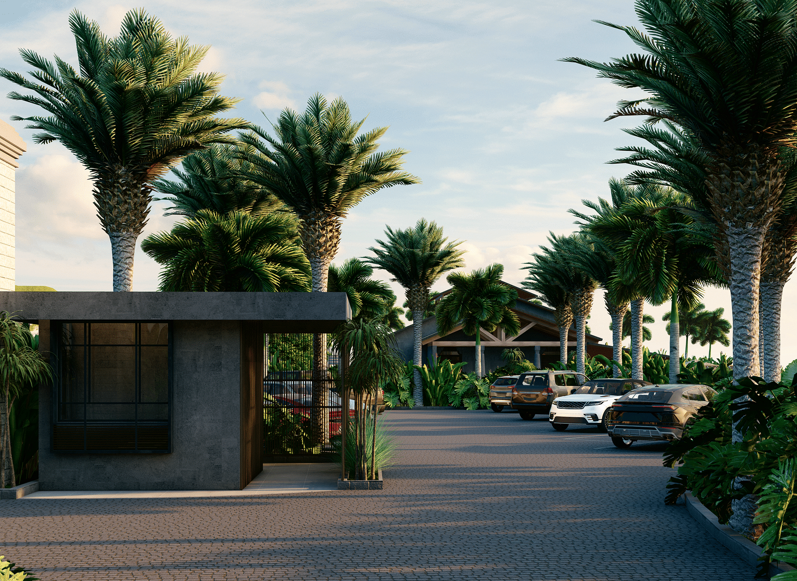A small building with a dark entrance, surrounded by palm trees and parked cars - Rhino and River BluSalzz Collection, Pobitora