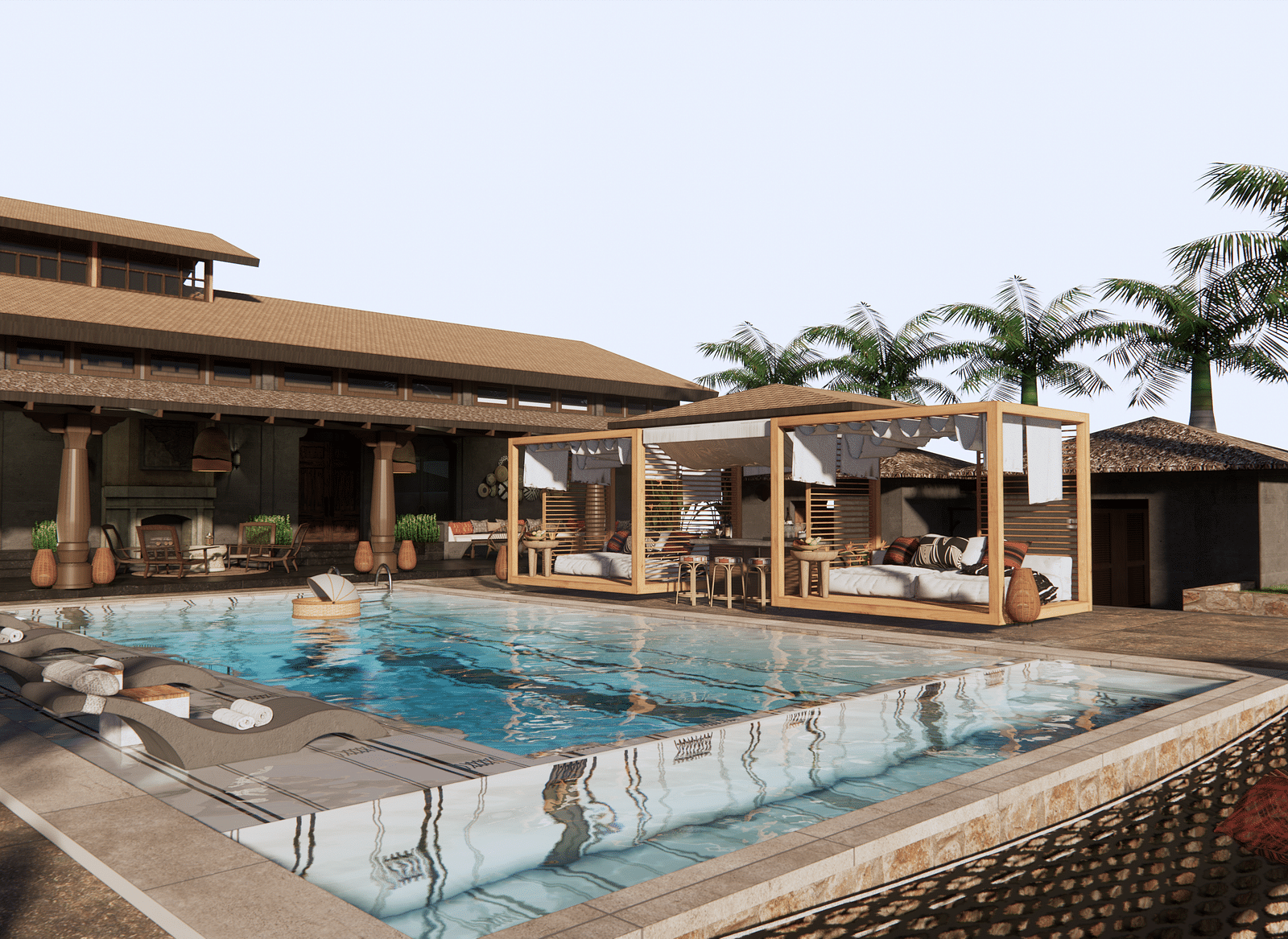 A building with a swimming pool, cabanas, and palm trees in a sunny outdoor setting - Rhino and River BluSalzz Collection, Pobitora