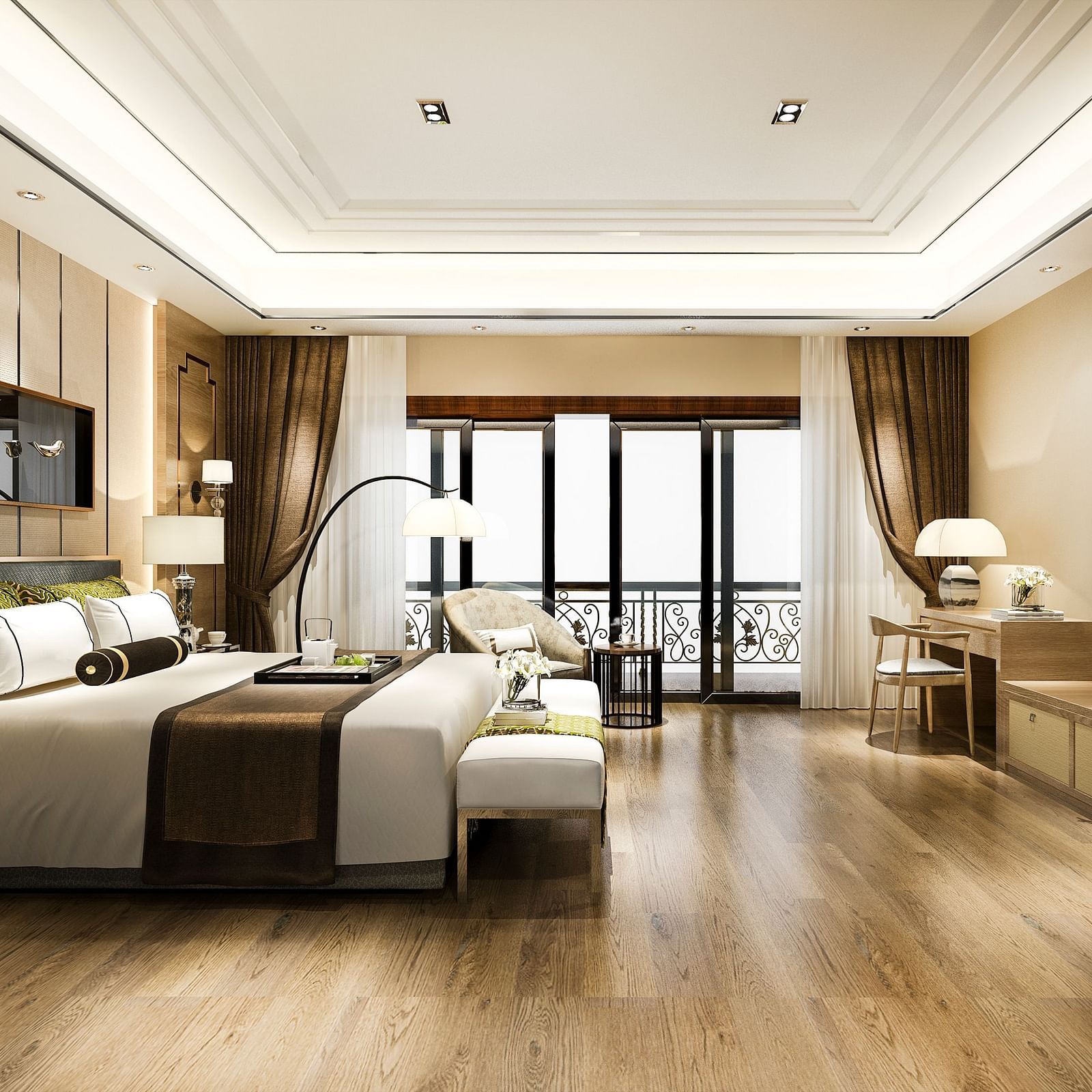 A side of bed in a suite with a huge glass window, working table, and TV