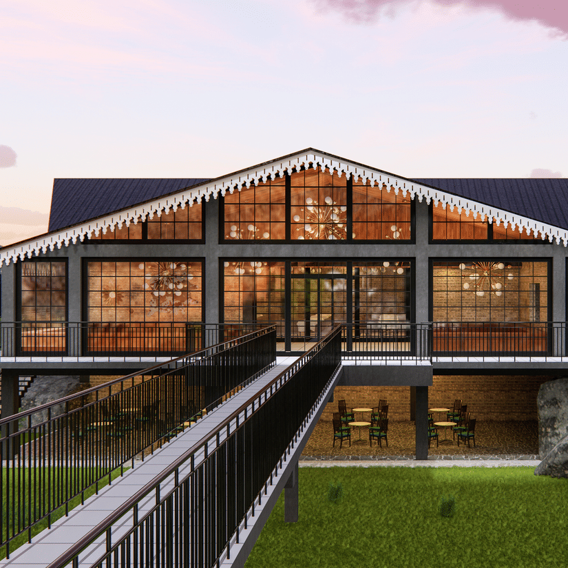 3D render of Polo Resort Cherrapunji glass-fronted banquet pavilion exterior with peaked roof, decorative trim, walkway bridge and seating area below