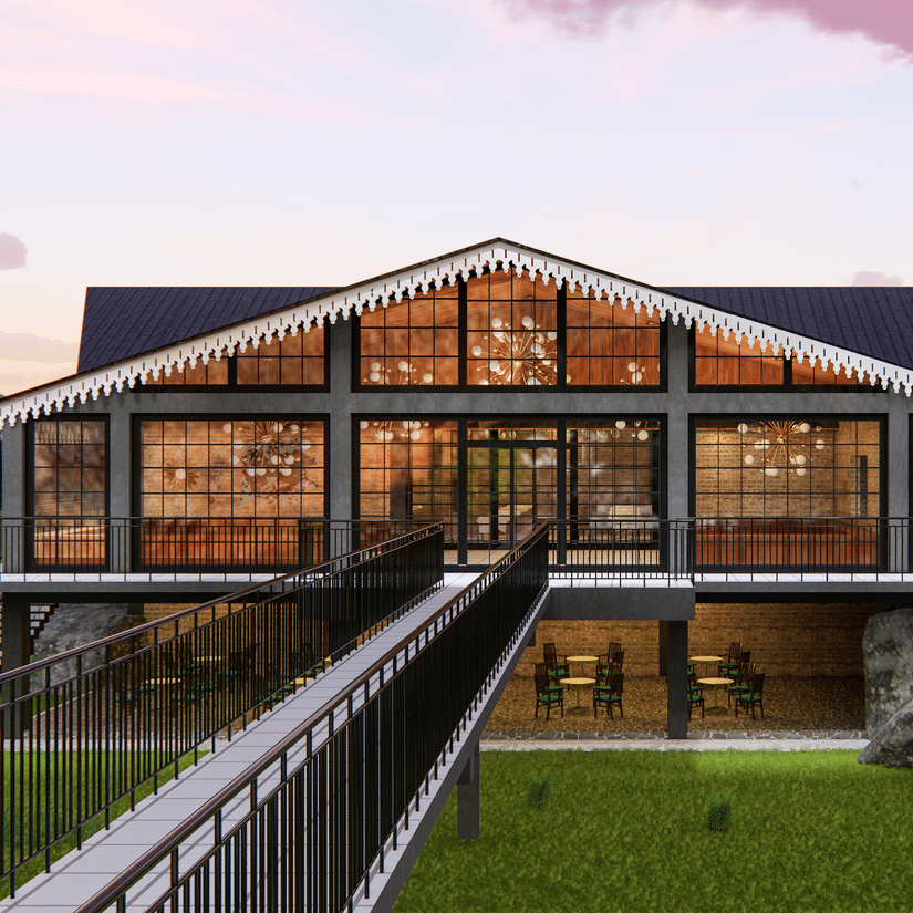 3D render of Polo Resort Cherrapunji glass-fronted banquet pavilion exterior with peaked roof, decorative trim, walkway bridge and seating area below