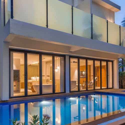 The facade of the Pool Premier Villa with a swimming pool in the outdoors, best place to stay in South Goa a Azaya Beach Resort.