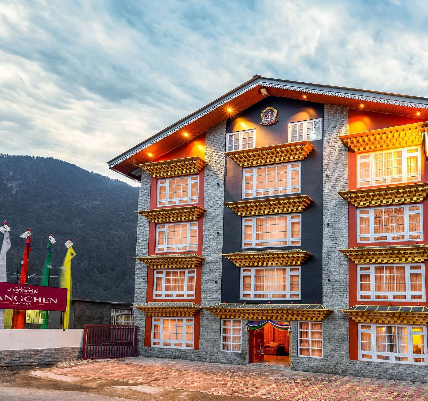 Facade of Summit Gangchen Hotel, Lachen with Tibetian architecture