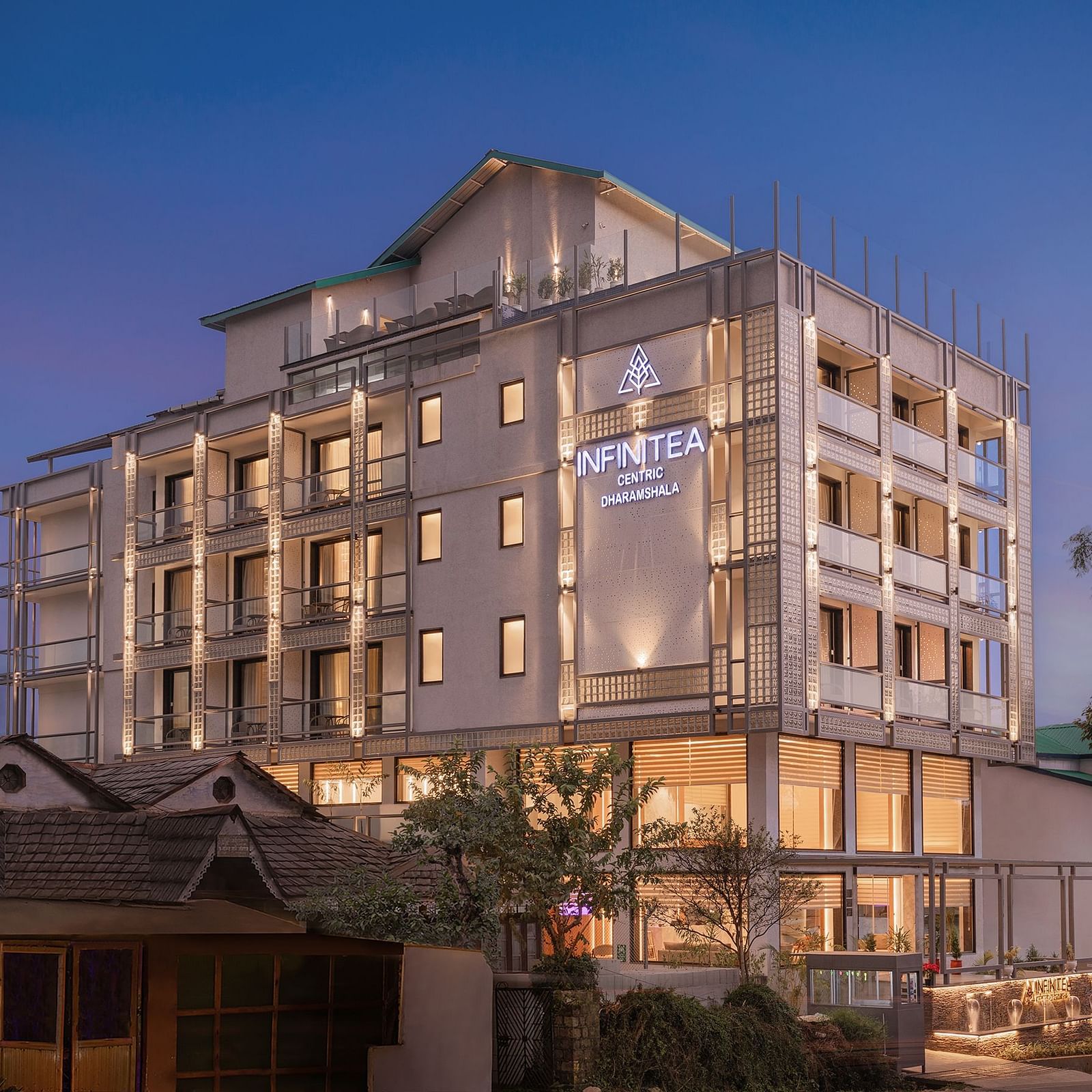 Facade of a hotel during blue hour