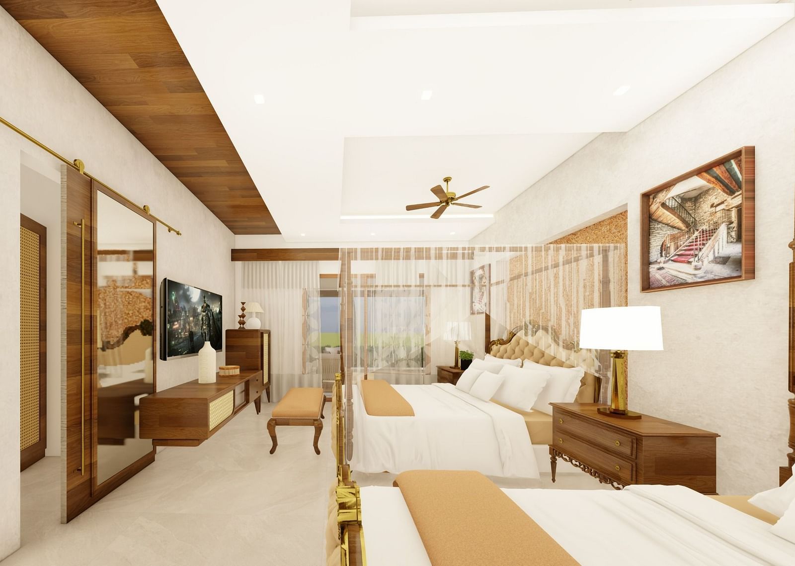 Interior showcasing two master beddings of Trishvam Suites, Trishvam Symphony, Krishnagiri