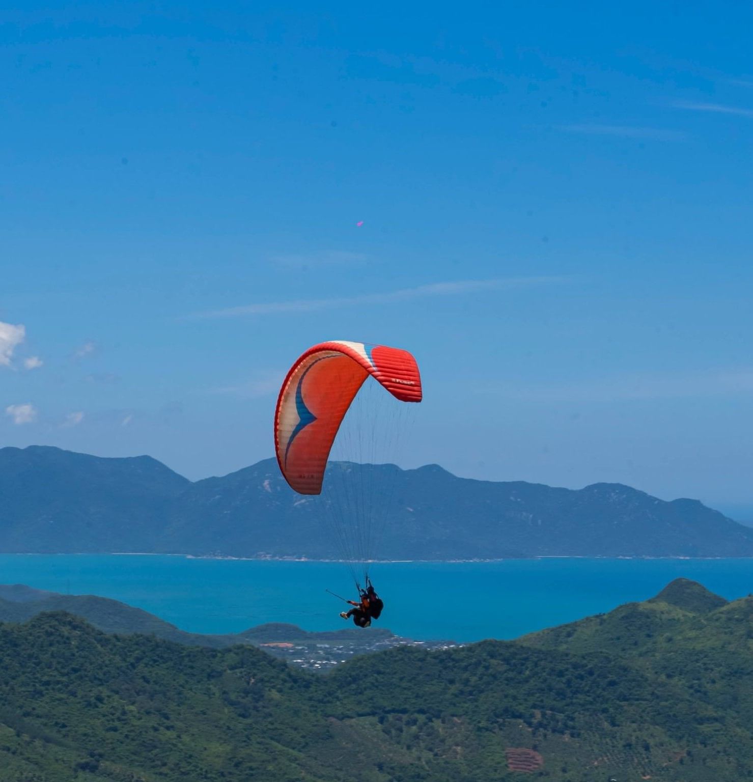 Paraglider soaring over forested hills and blue waters, enjoying scenic coastal