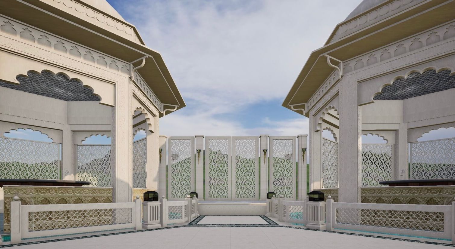 a cosy corner of Panch Mahal featuring two gaint gazebos with octagon shaped domes on either sides - Kaldan Samudhra Palace