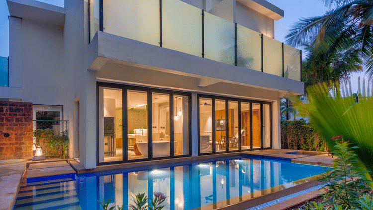The facade of the Pool Premier Villa with a swimming pool in the outdoors, best place to stay in South Goa a Azaya Beach Resort.