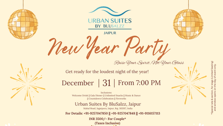 New Year Party poster at Urban Suites by BluSalzz, Jaipur featuring event details, festive illustrations, fireworks, date, time, and celebration highlights.