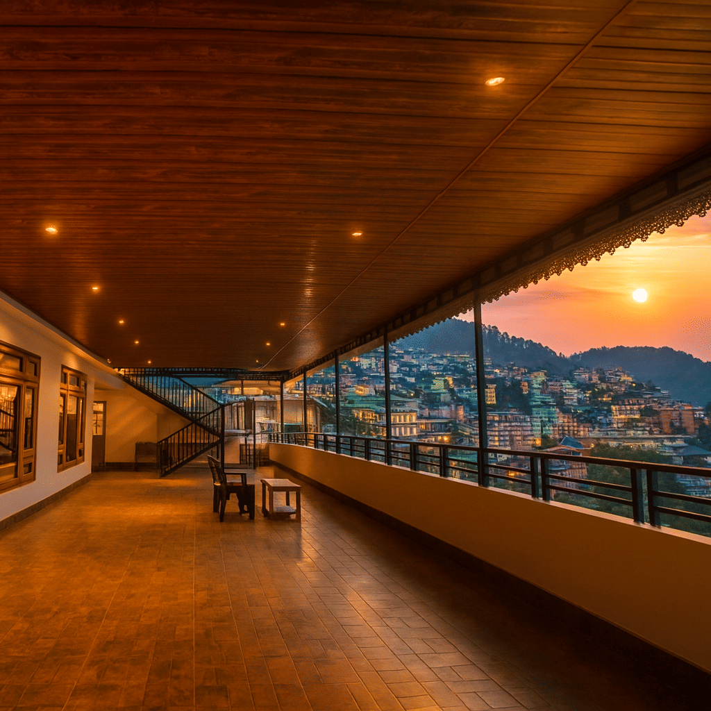 Spacious hotel balcony in Gangtok with premium lighting and panoramic city view at sunset, offering a serene stay experience